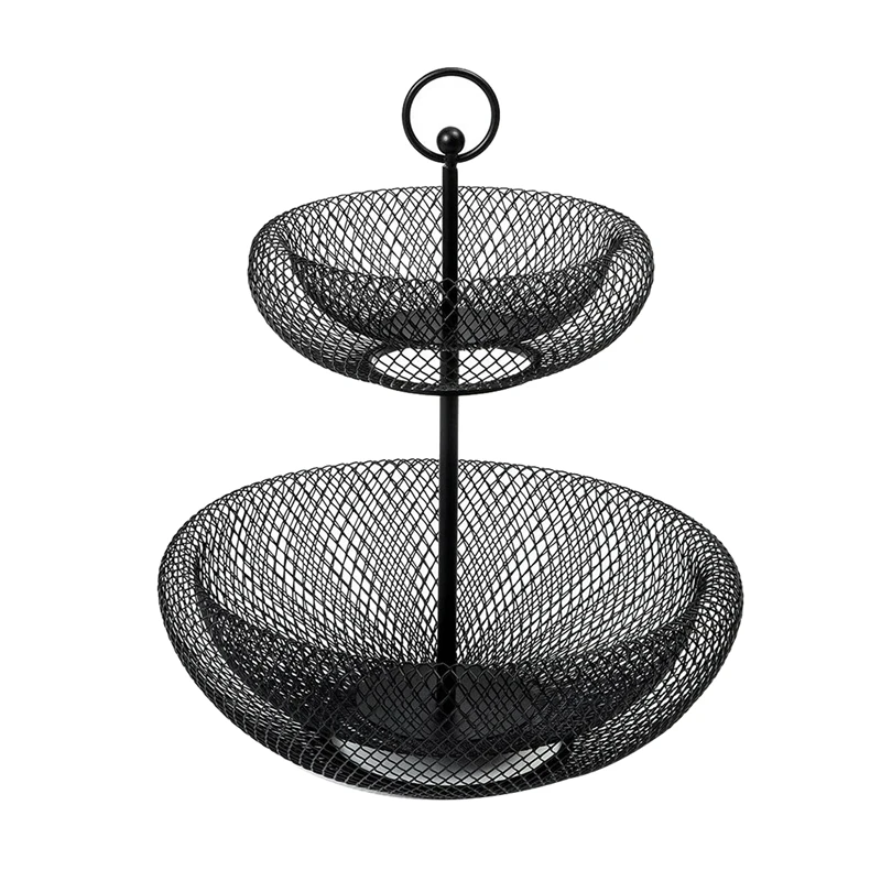 2-Tier Fruit Basket,Wire Fruit Bowls Holder,Decorative Fruits Basket,Kintchen Storage Basket For Snacks Vegetables,Black