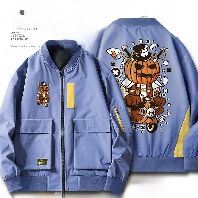 loween Creative Pumpkin Man Moto Illustration Jaet ex Étudiant Vêtements de travail Vêtements d'extérieur Design tendance Coupe droite Po...
