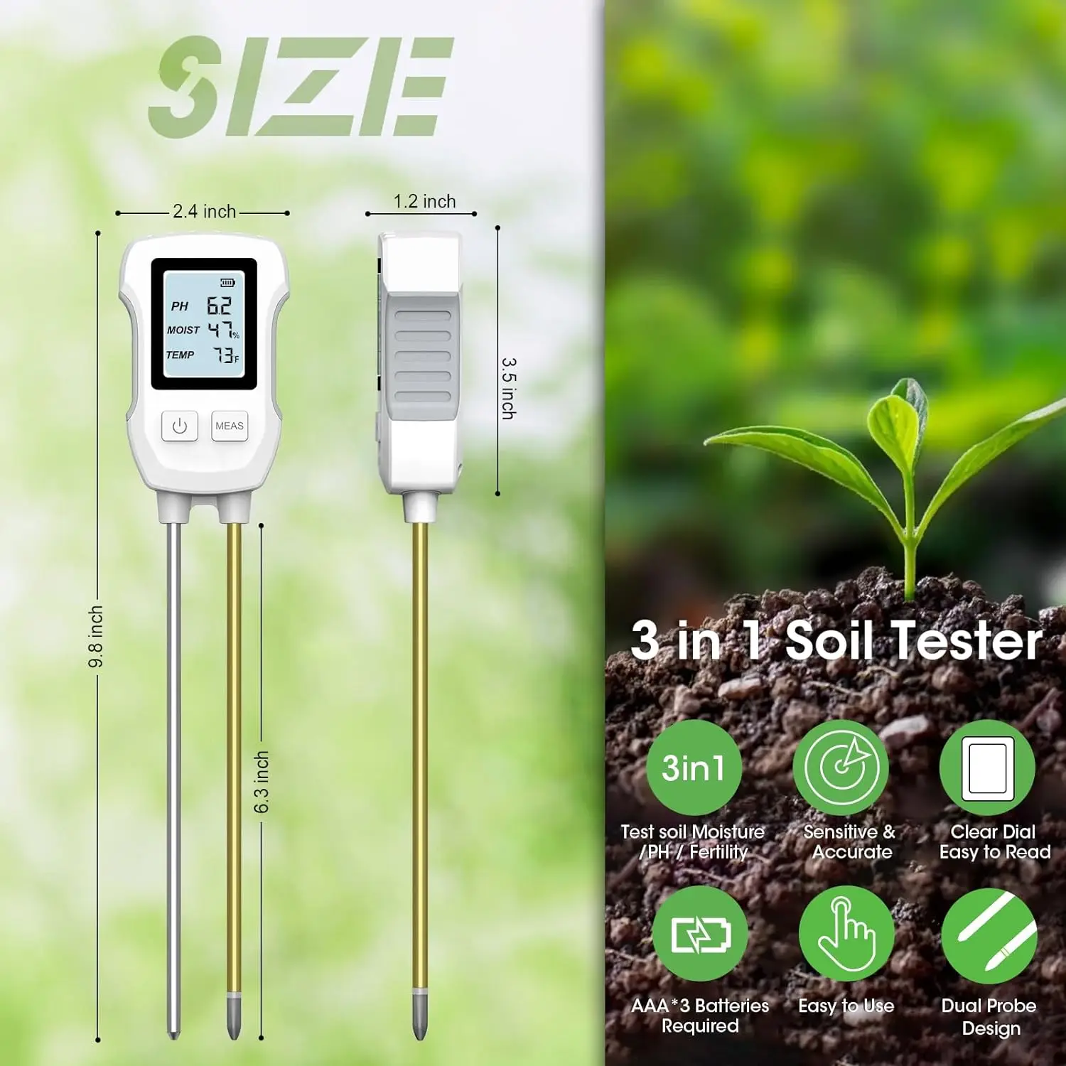 Medidor de suelo Digital LCD 3 en 1, probador de PH/humedad/temperatura de suelo con retroiluminación para plantas de casa, jardín, granja de césped