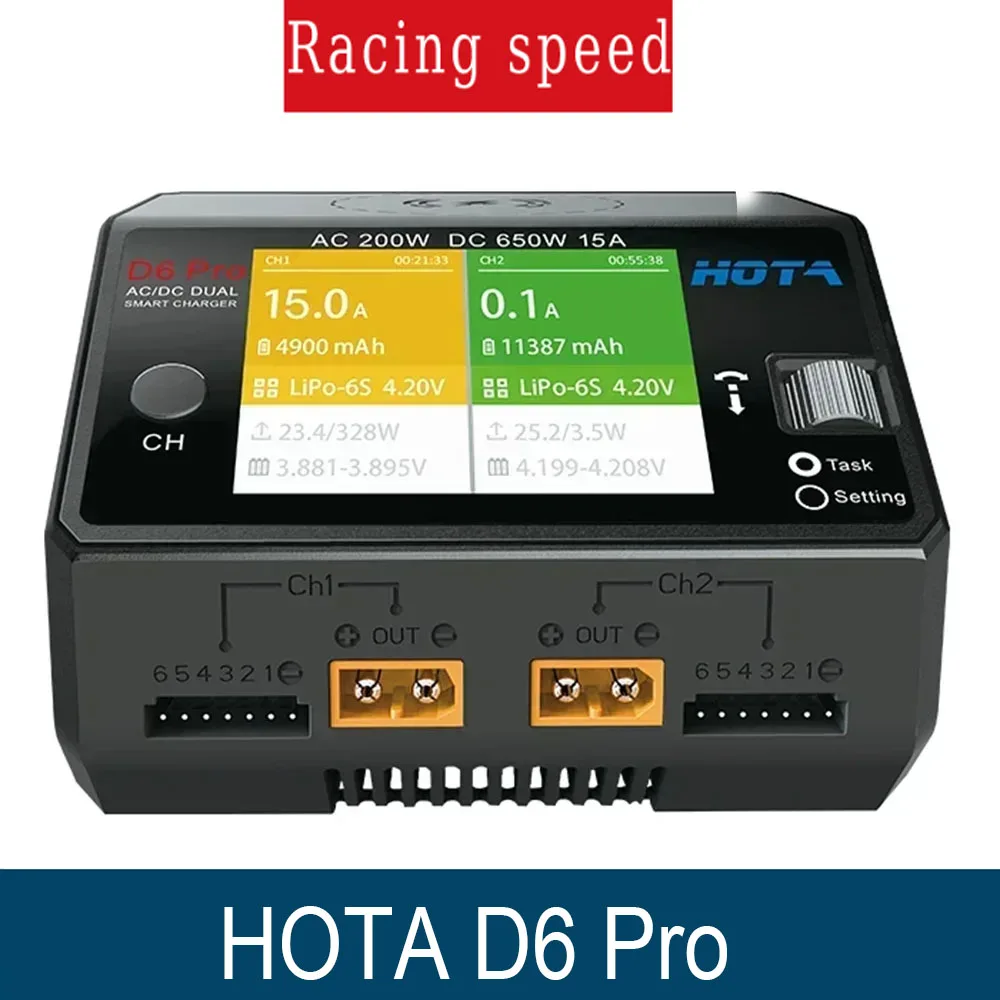 

HOTA D6 Pro Charger - AC 200W DC 650W 15A, 2X325W 2X15A, Wireless Charging for 1-6S Lipo/LiHV/NiCd/NiMH & RC Models