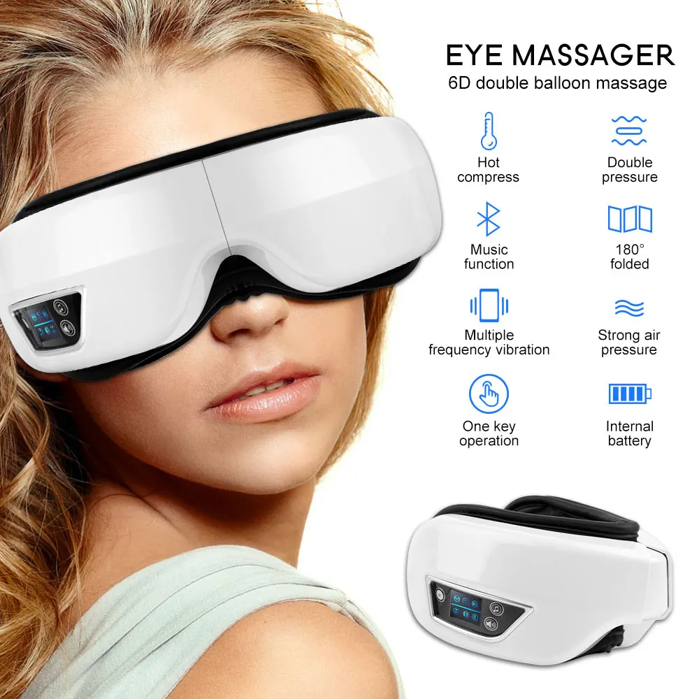 6D Inteligente Eye Massager, Air Bag Vibratório, Eye Care Instrumento, Compressa Quente, Óculos de Massagem Bluetooth, Cansado Eye Bags Rugas