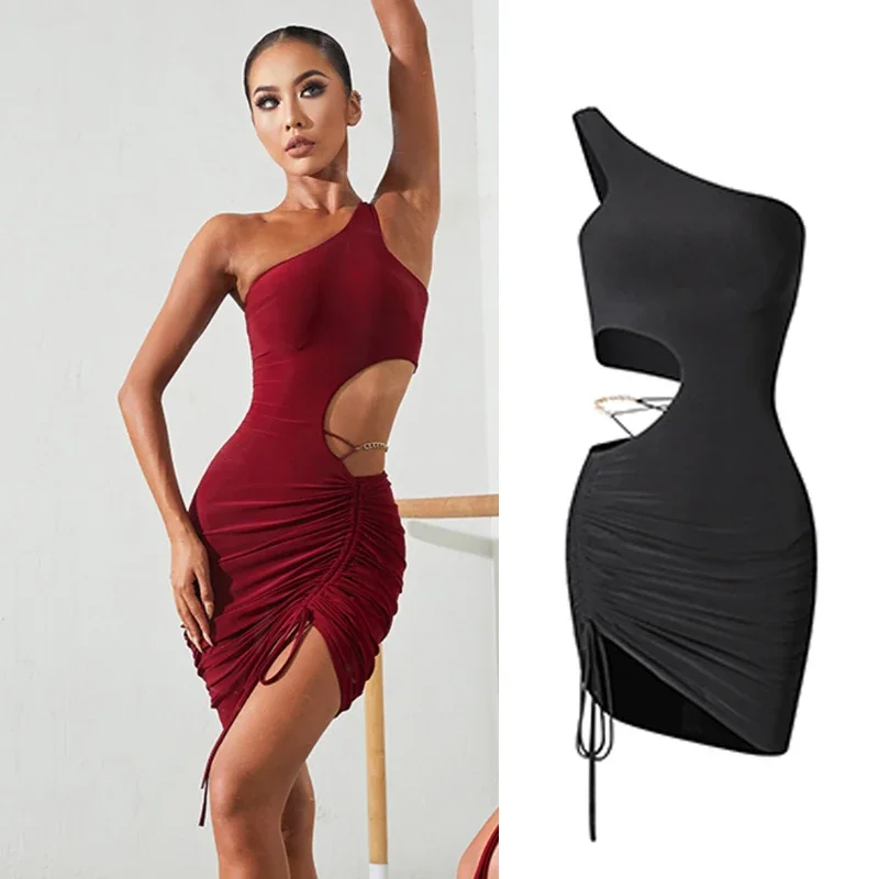 Sexy Slanted Shoulder Drawstring Latin Dance Dress Women Ballroom Salsa Tango Dance Competition Practice Costumes Clothes SL7273