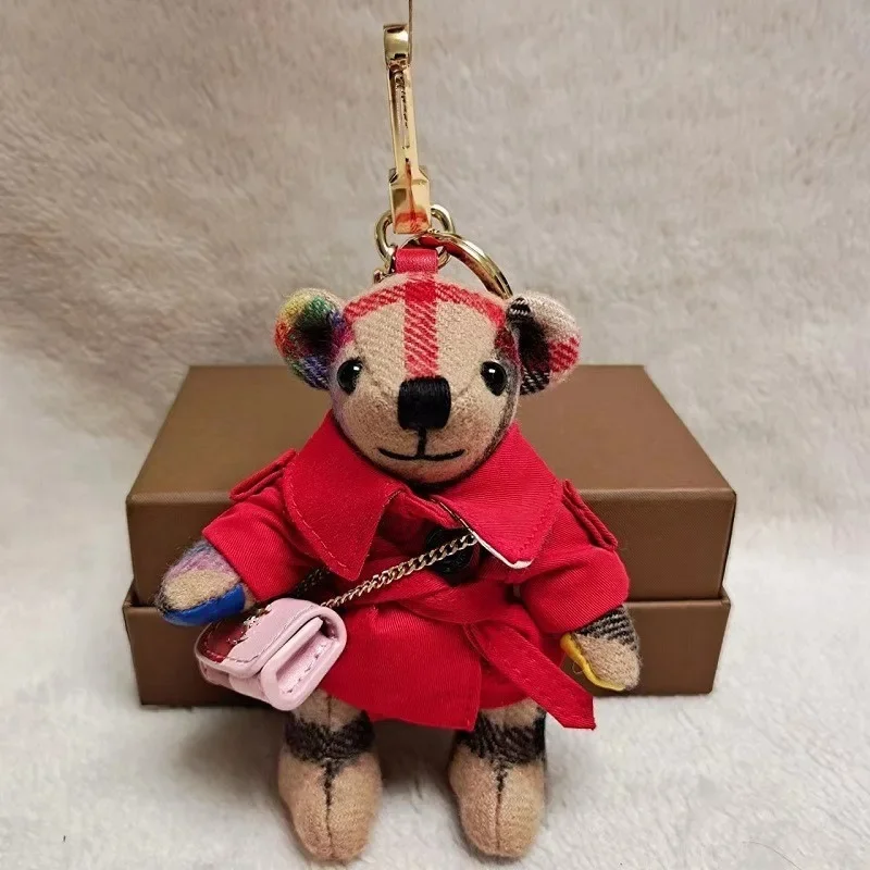 New Collectible Cashmere Plaid Trench Coat Teddy Bear Charm Car Hanging Keychains Bag Pendant Cute Gifts Women Men Hot