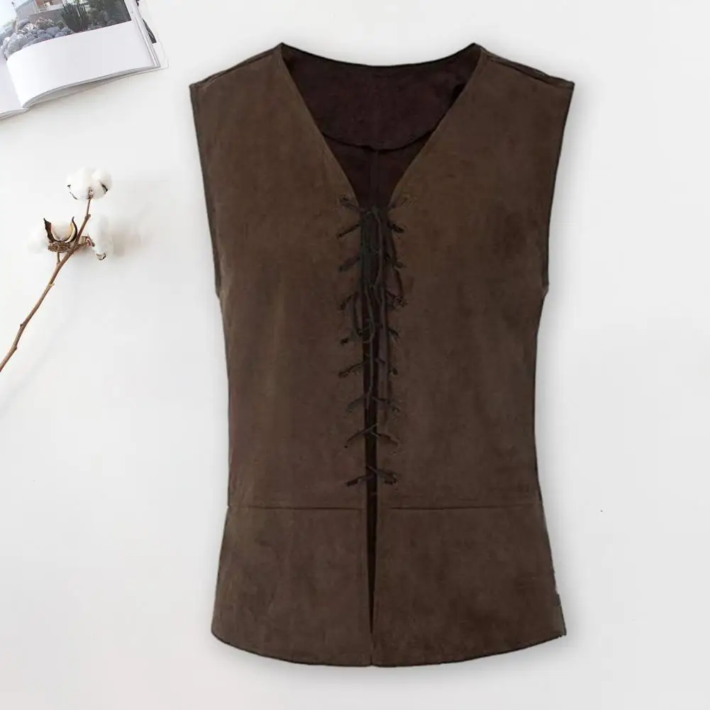 Men Pirate Vest Vintage Medieval Lace Up Solid Color V Neck Sleeveless Cosplay Performance Hallowen Party Role Play TankTop
