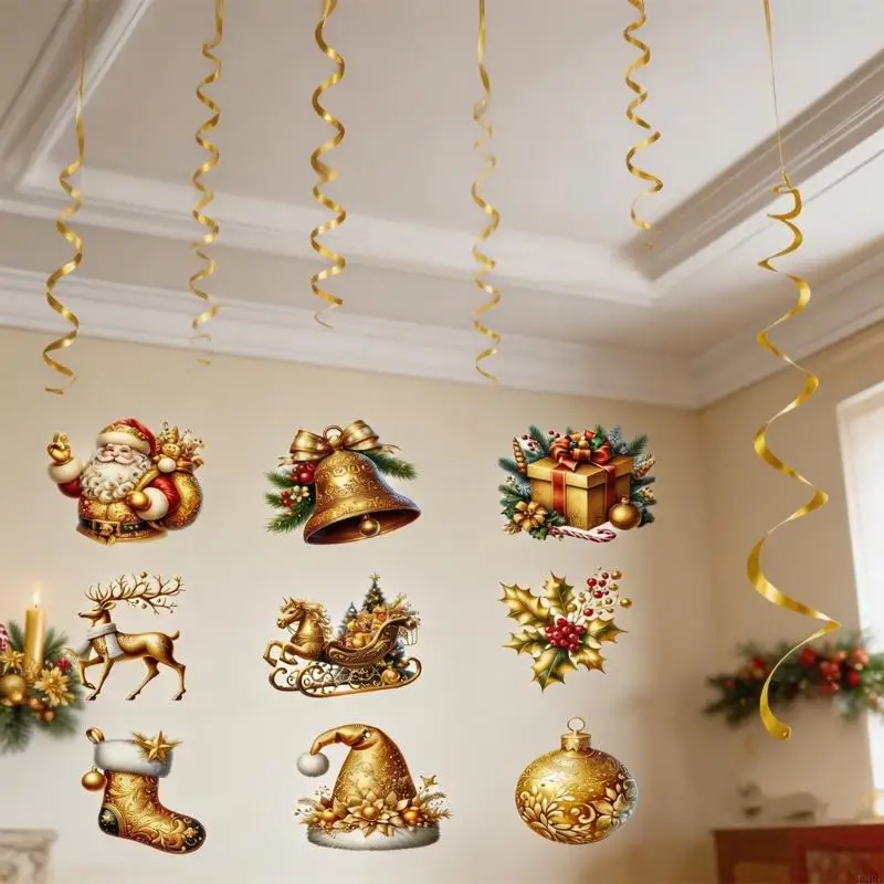 L9BE Gold Christmas Ceiling Hanging Set, 12 Piece Holiday Hanging Decoration with Coiled Hangers for Winter Room Styling,