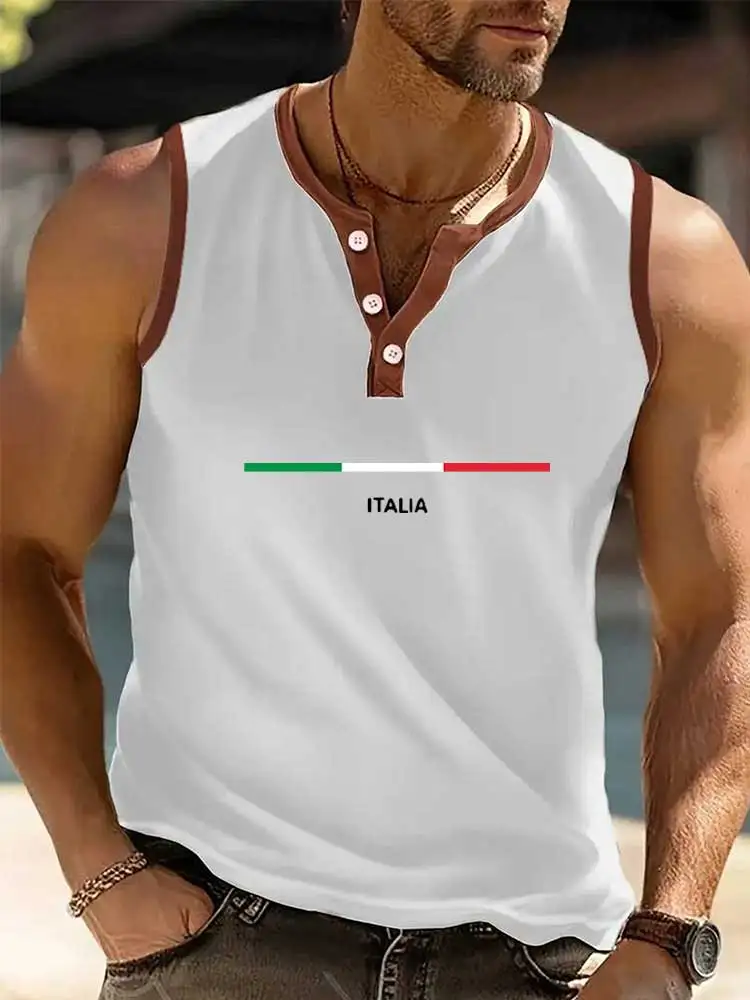 Men Contrast Trim Henley Tank Top Print Summer Breathable Sleeveless Muscle Vest Casual Beach Gym Fitness Undershirt