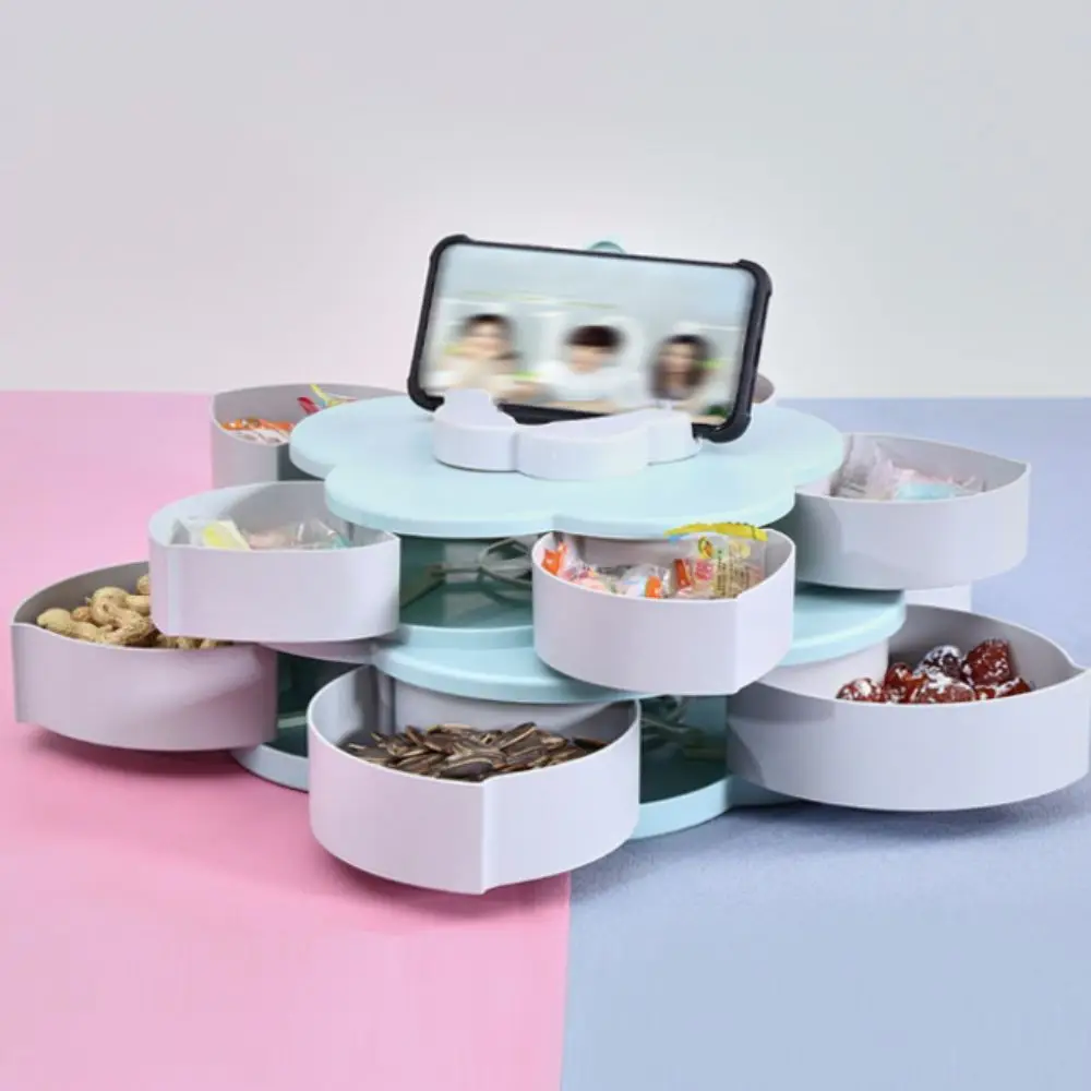 

2-layer Rotating Petal Candy Box Dust-proof with Phone Holder Snack Tray Plastic Jewelry Organizer Entertain