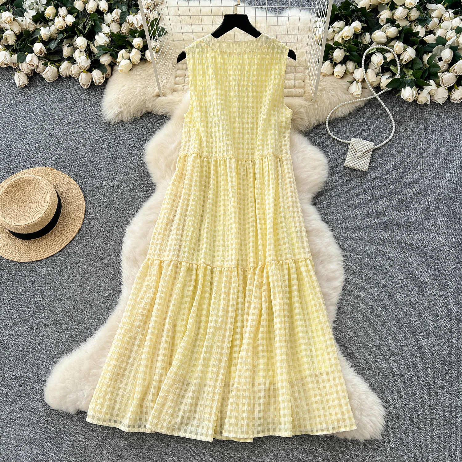 Clothland feminino doce camisa amarela vestido xadrez xadrez sem mangas uma peça feminina bonito midi vestidos mujer qe053