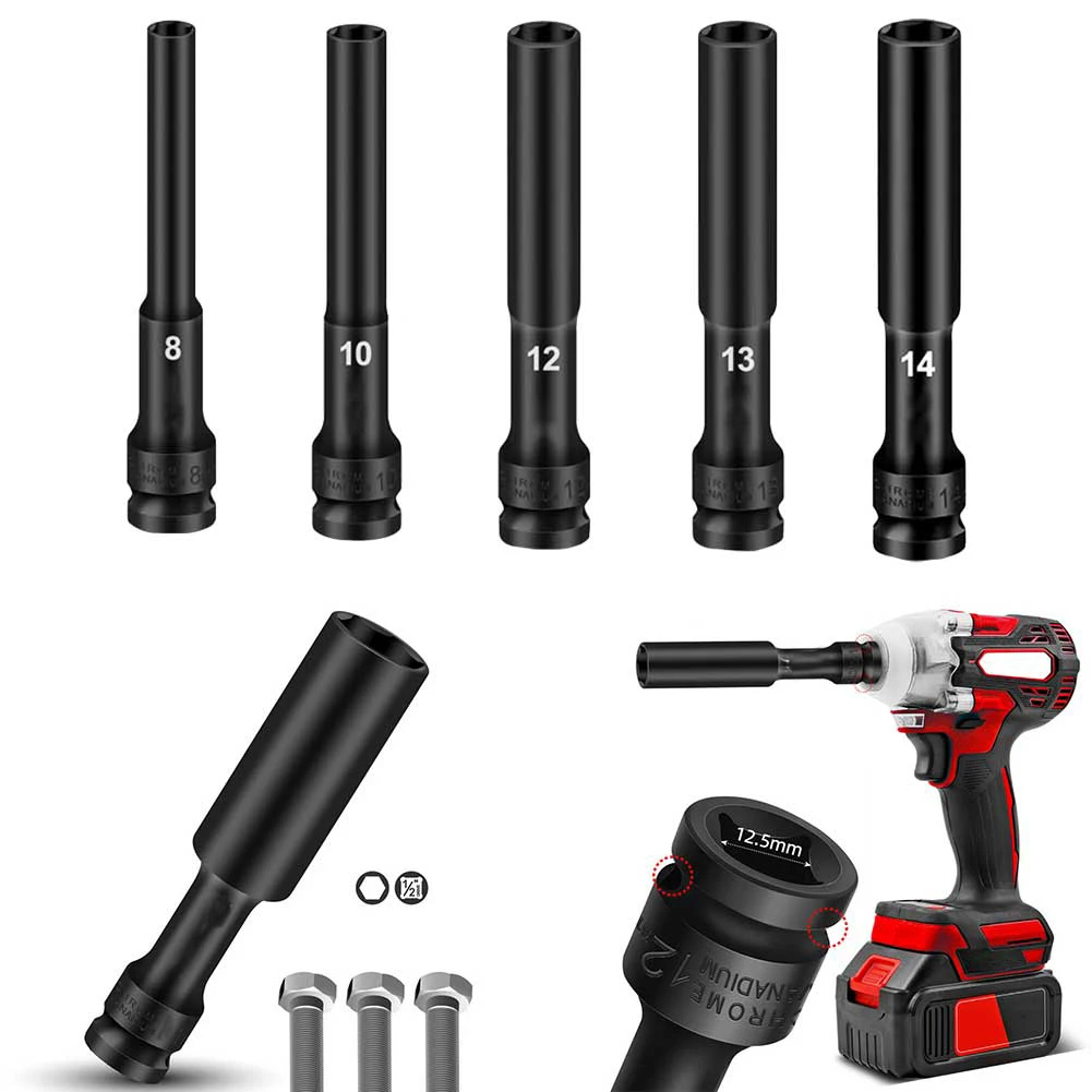 5PC 1/2 Inch Drive Deep Socket Extra Deep Bolt Nut Driver Bit 8-24mm Socket Adapter Spanner Converter For AC Electric Wrench