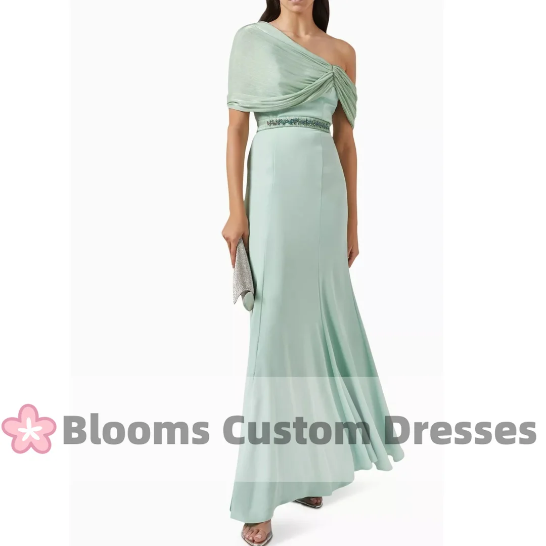 

Blooms Beaded Light Green Evening Dress Crepe Formal Party Gown Draped Off Shoulder Prom Dress For Wedding robes invitée mariage