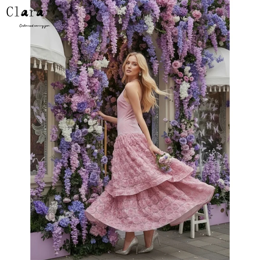 

Clara Custom Pink Backless Flower A Line Party Long Dress Elegant Gown Evening Dresses for Luxury Party Women's Ball Gown Prom