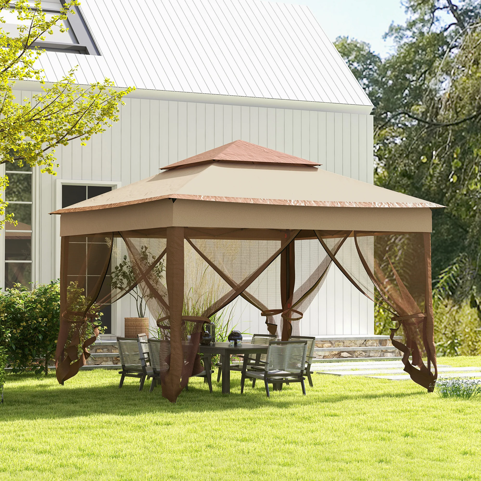 Outdoor Patio Pop Up Canopy Gazebo Shelter with Zipper Netting, Carry Bag, 11' x 11', Khaki