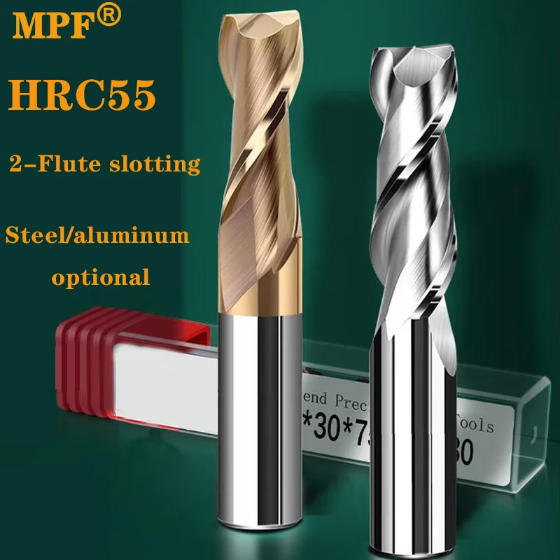 Aluminum Alloy CNC Machining HRC55 Coated Tungsten Steel Cutting Tool 2Flute End Mill, Top Milling Cutter Woodworking Milling