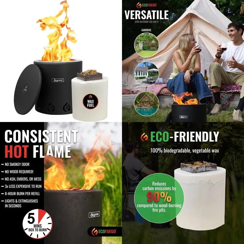

Portable Wax-Burning Fire Pit - Clean-Burning, 8-Hour Wax Refill, Compact and Durable for Camping, Tailgating, and Outdoor Adven