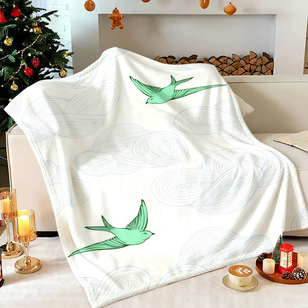 Mint Green Cloud Swallow Line Art Flannel Blanket Soft Fuzzy Plush Cozy Lightweight Throw for Sofa Bed Couch Home Decor