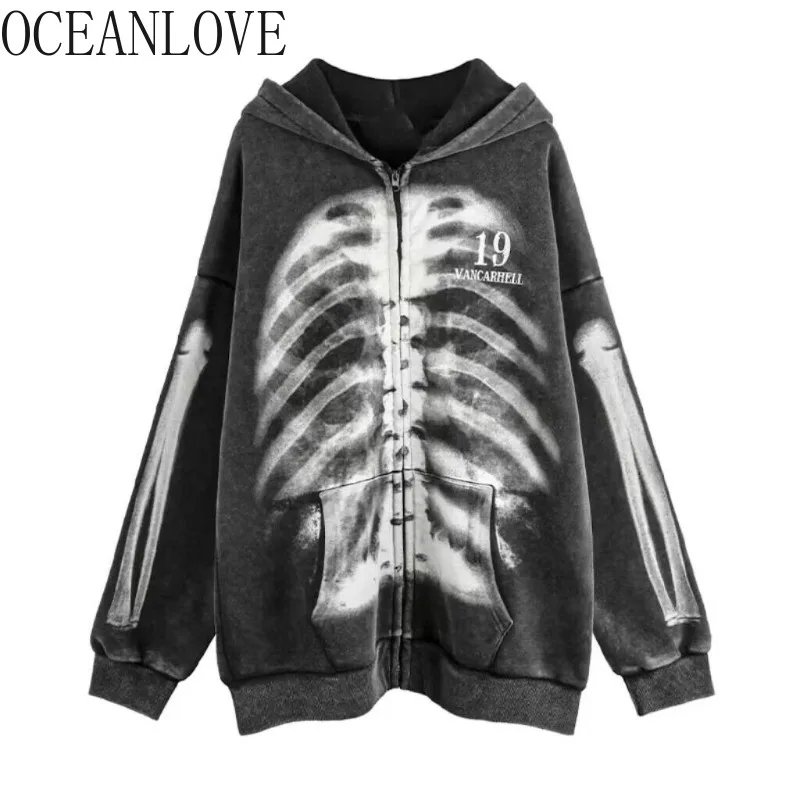 

Oversize Skull Hoodie Women Harajuku Skull Zipper Oversized Jackets Hooded Chic Casual Hip-hop Y2k Sweatshirt Clothes for Teens