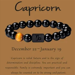 12 Constellation Zodiac Signs Beads Couples Bracelet Natural Black Onyx Stone Elastic Charm Bracelet for Women Men Birthday Gift