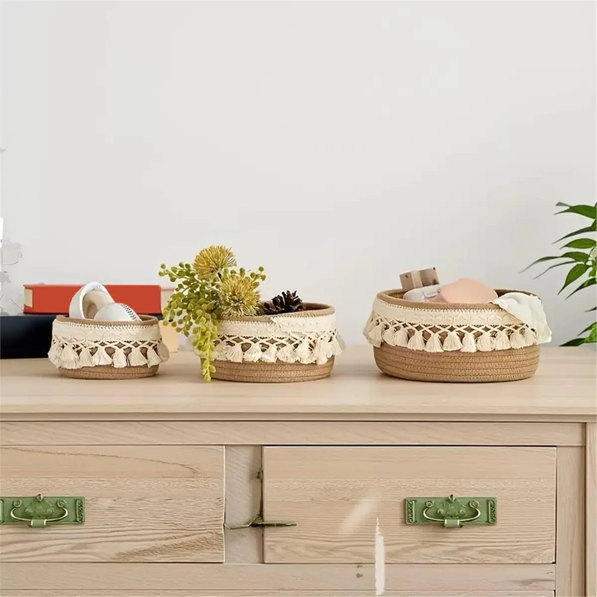 Multi-use Gear 3 Pack Woven Basket,Macrame Makeup Basket,Boho Vanity Cosmetics Desk Storage Baskets,Natural Cotton Rope