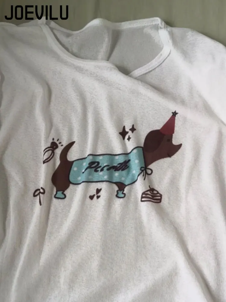 Verão feminino branco puro dachshund impressão solta magro-ajuste manga longa camiseta proteção solar cover-up doce sexy casual preguiçoso topo