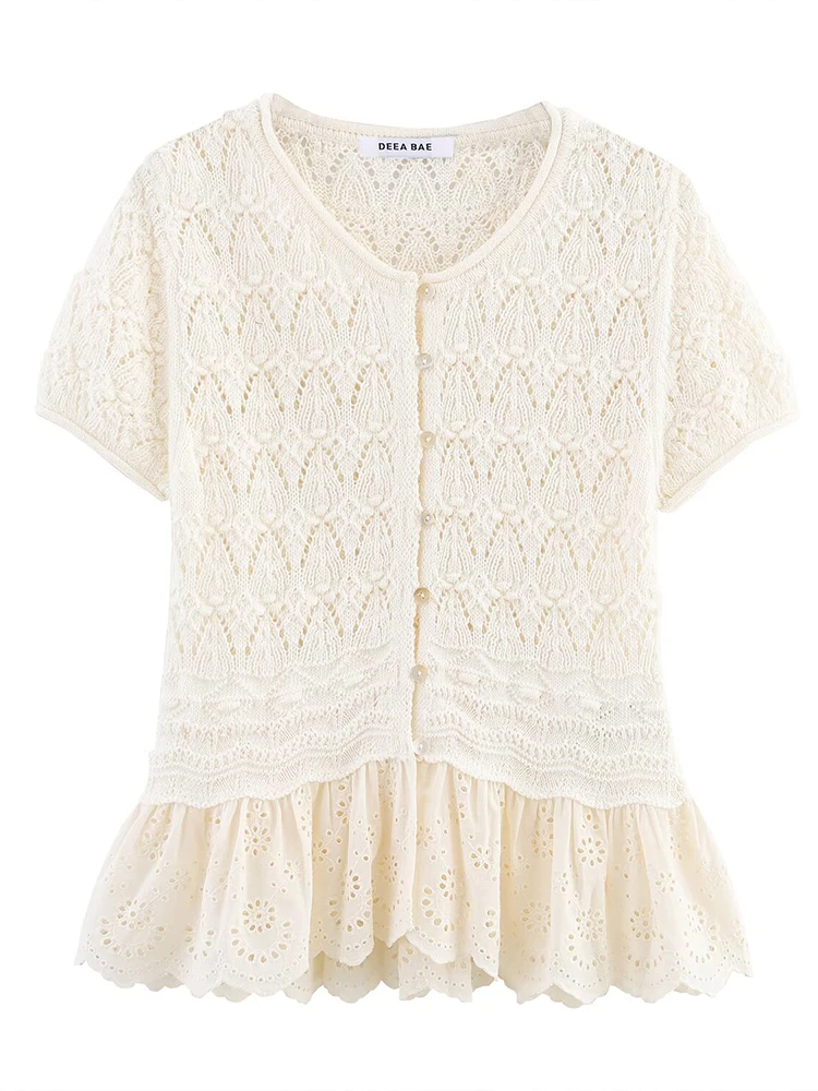 

European style new women's fashion versatile temperament splicing knitted romantic style round neck short-sleeved top