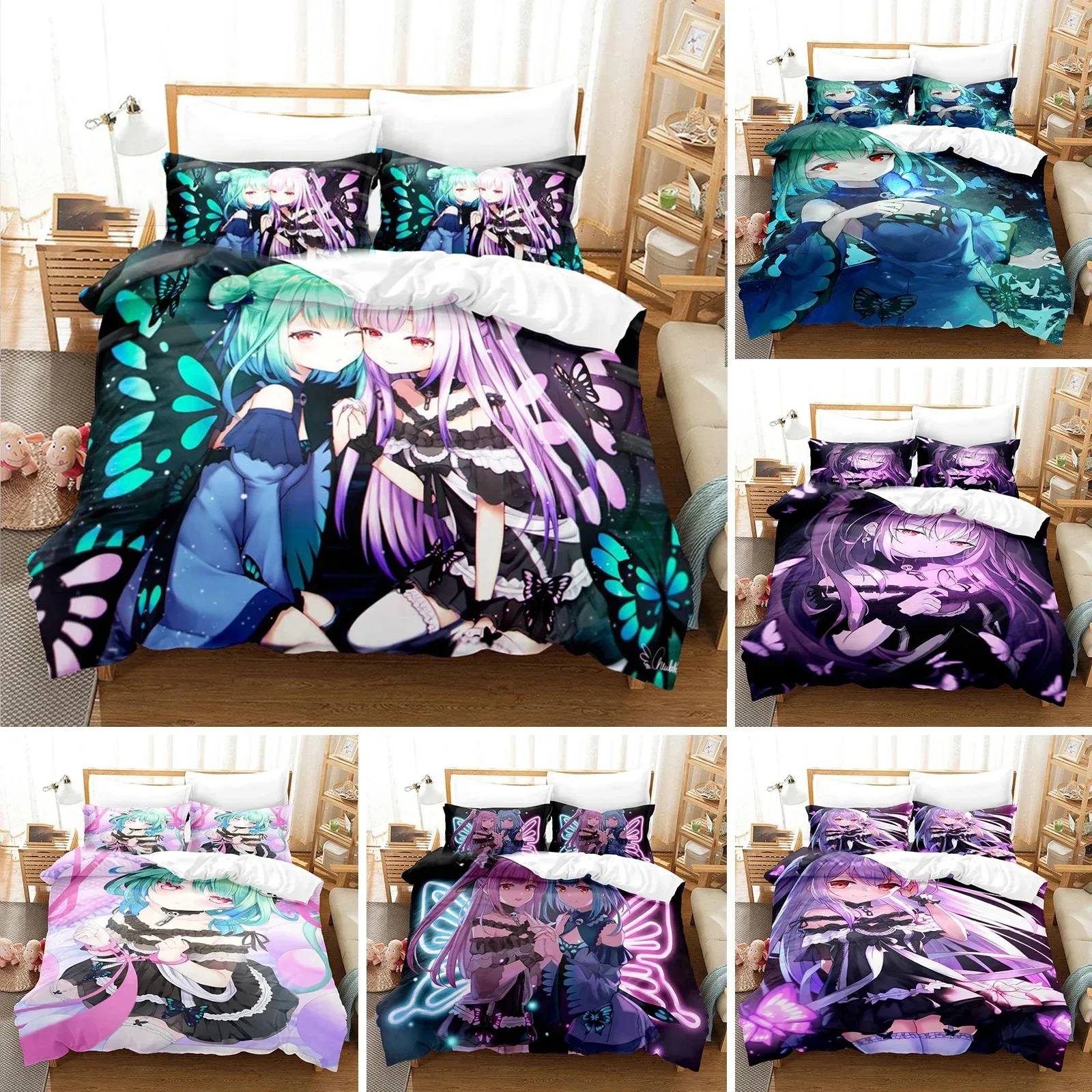 

3D Printed Uruha Rushia Bedding Set Anime Hololive Butterfly Girl Duvet Cover Double Twin Full Queen King Adult Kids Quilt Cover