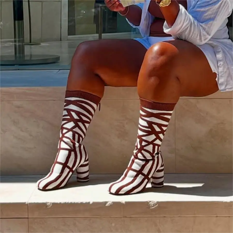 

Jinxixi Wide Calf Boots for Women Thick Feet Leg Friendly Big Size 43 Zip Stretch Fabric Knit Chunky Heels Mid Calf Luxury 2025