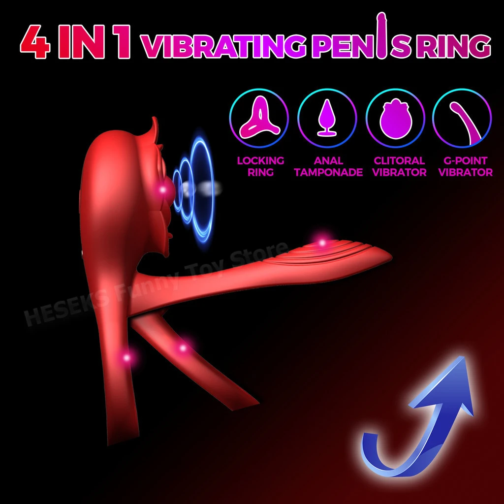 HESEKS 4 in 1 Vibrating Penis Ring Vibrator Cock Delayed Ejaculation Clitoral Stimulator Rose Sex Toy for Men for Couple