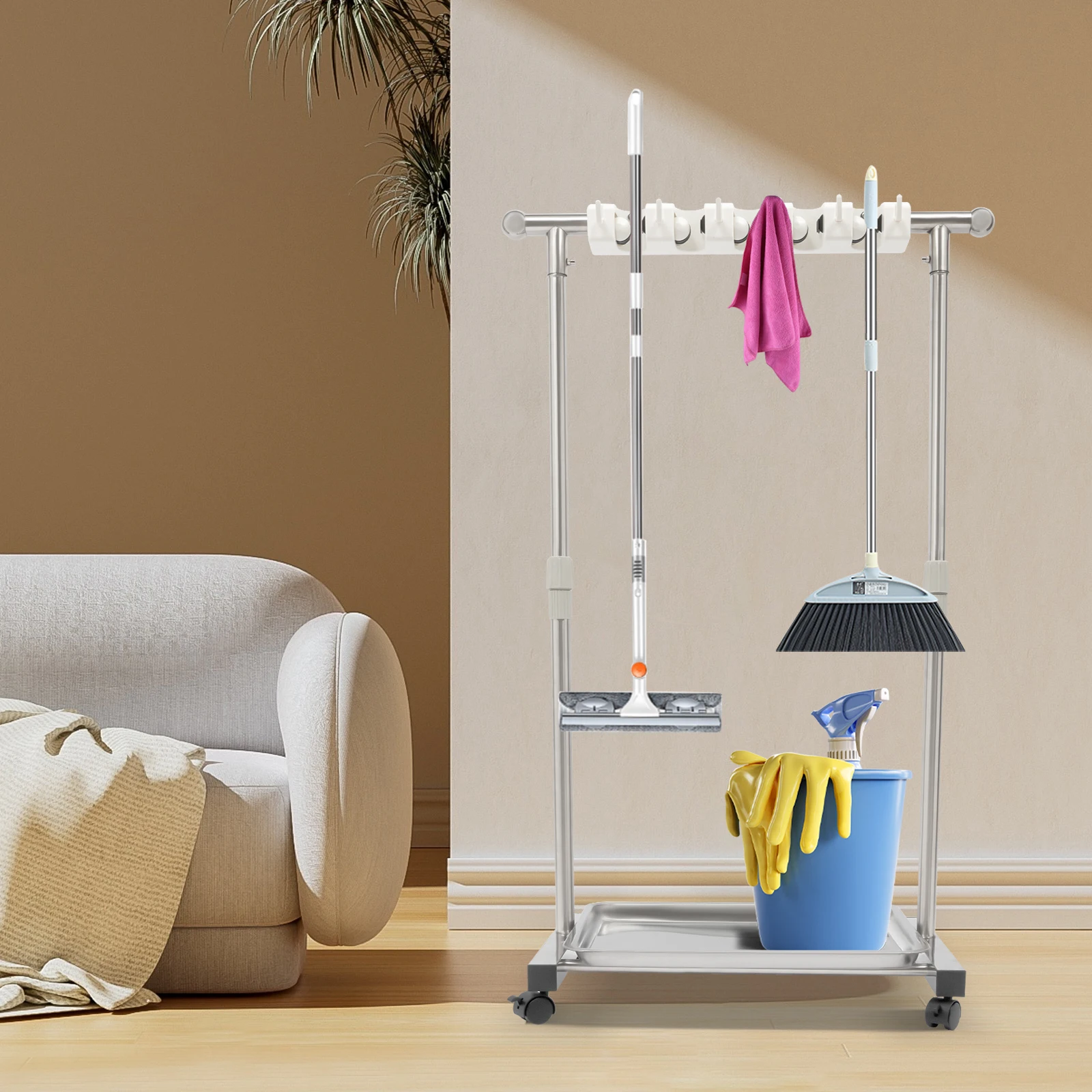 

Отдельностоящий держатель для метлы из нержавеющей стали с колесами, регулируемый органайзер для швабры и метлы для хранения в гараже, высота 34–51 дюйма