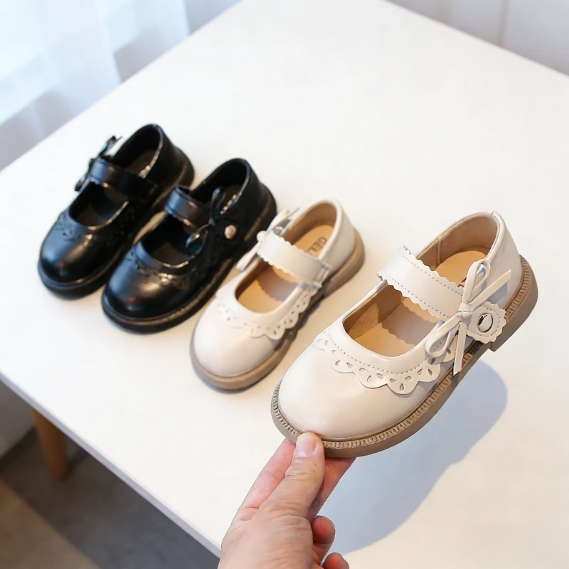 2026 New Toddler Girls Leather Shoes Spring Bow Decor Children Uniform Platform Shoes Non-Slip Sole Kids School Mary Jane Shoes