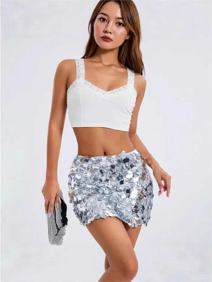 Sexy Reflective Sequin A-Line  Skirt Women's Fashion Cross-Border Clothing Half Skirt Bodycon Dance Business Casual Cotton