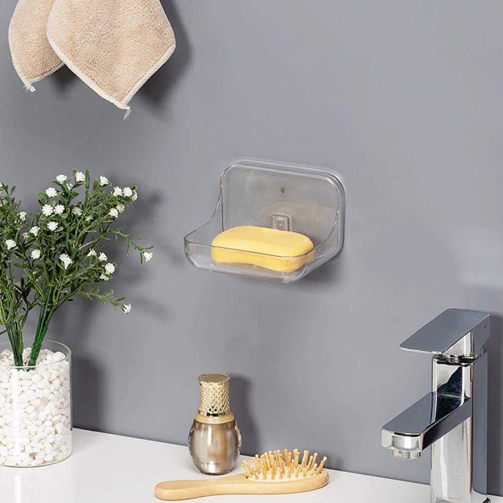 

Punch Free Soap Holder Clear Bathroom Organizer Wall Mounted Adhesive Rack Countertop Sink Shower Drainage Design Easy Clean