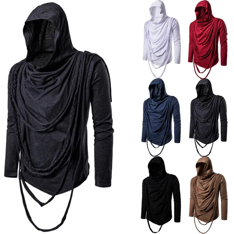 Autumn Men's Solid Color Hooded Long Sleeved Pullover T-shirt Large Stacked Collar Hip Hop Long Sleeved T-shirt European Size