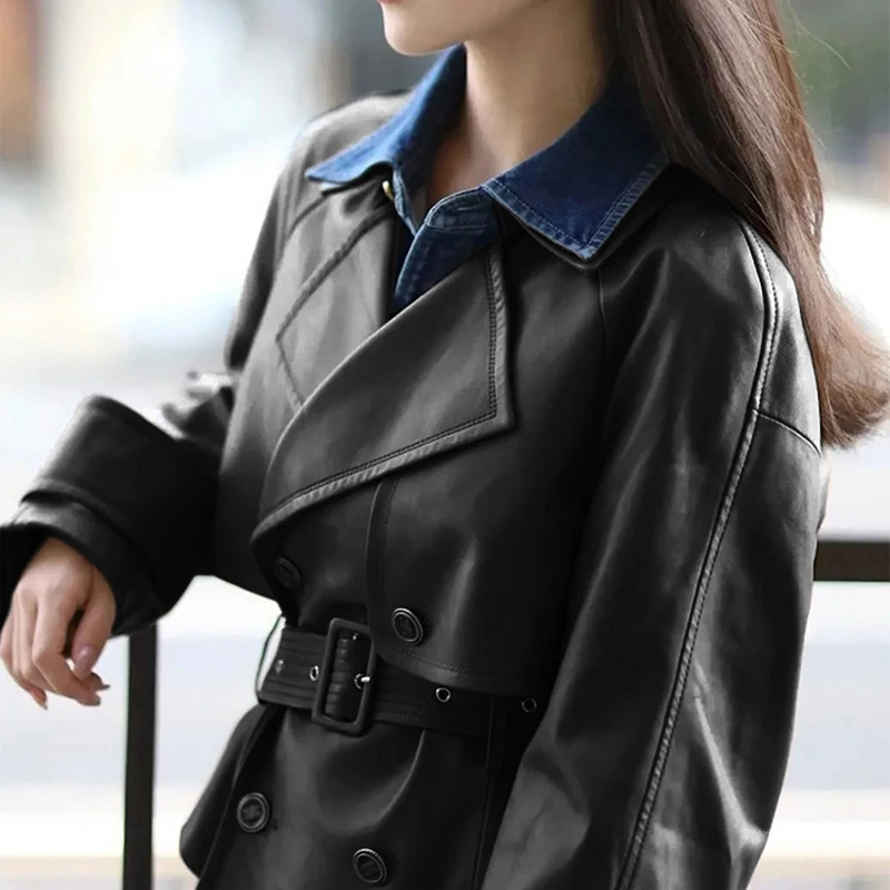 Giacca in pelle da donna Primavera Cintura doppiopetto Chiusura in vita Slim Ceket Kadın Trench corto allentato importato in pelle di pecora