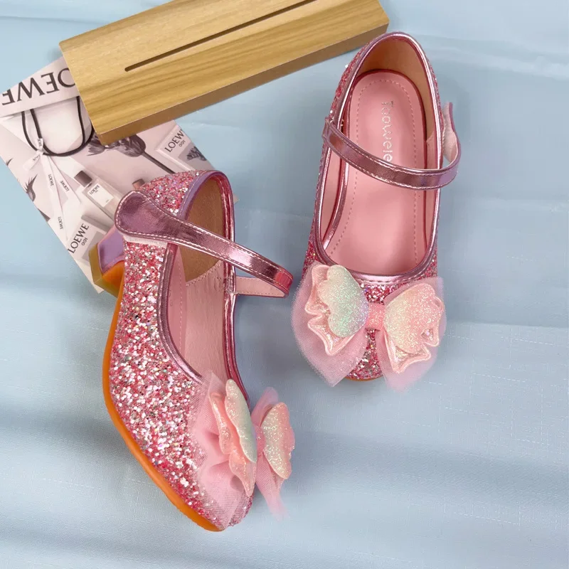 

Sweet Girls Princess Leather Shoes Fashion Bowknot Children Sparkly High Heels for Daily and Special Occasions Kids Party Shoes