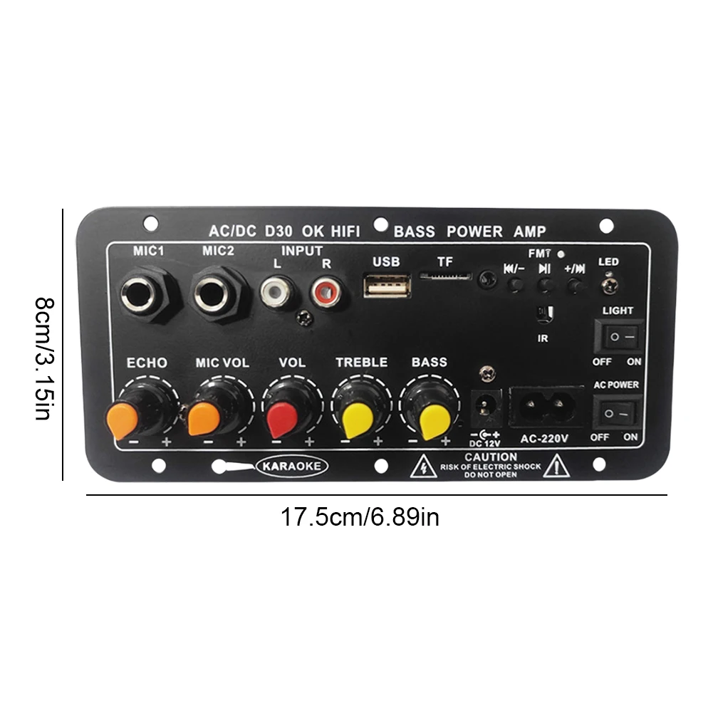 Placa Amplificadora de Som Estéreo, Microfone Duplo, Compatível com Bluetooth, Amplificador de Áudio Potente, TF, USB, Digital, 12V, 220V