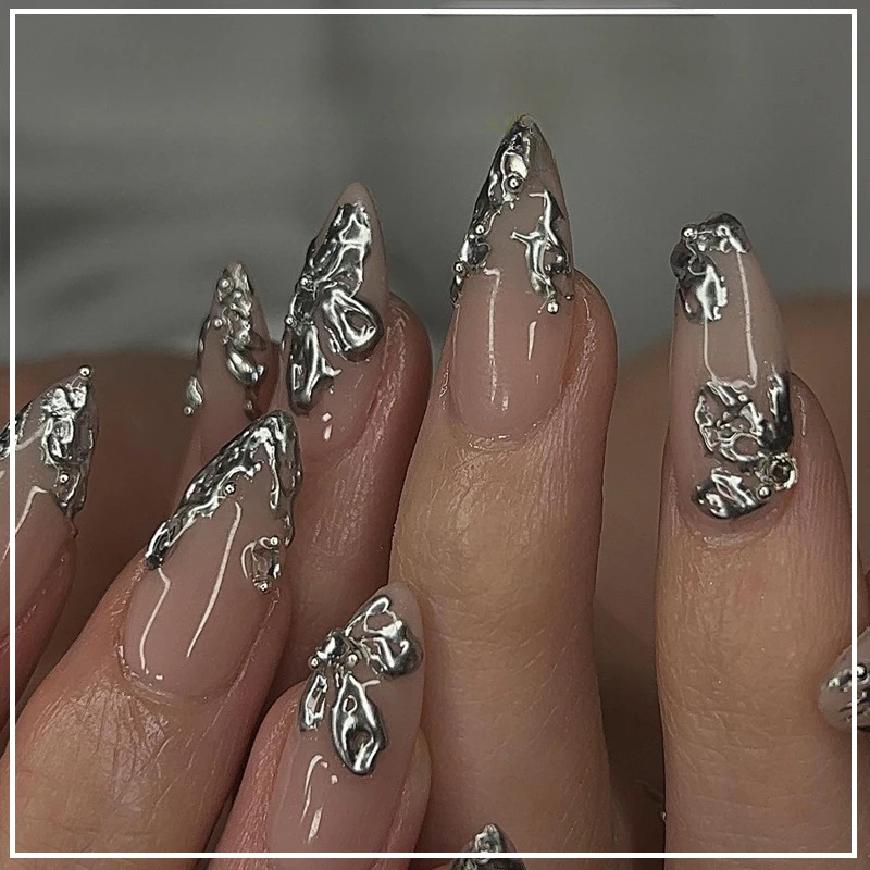 24pcs Long Stiletto Press on Nails Dark Black Butterfly Fake Nails Almond Fake Nails Sweet Cool Acrylic Nails Metal Y2k Nail Art