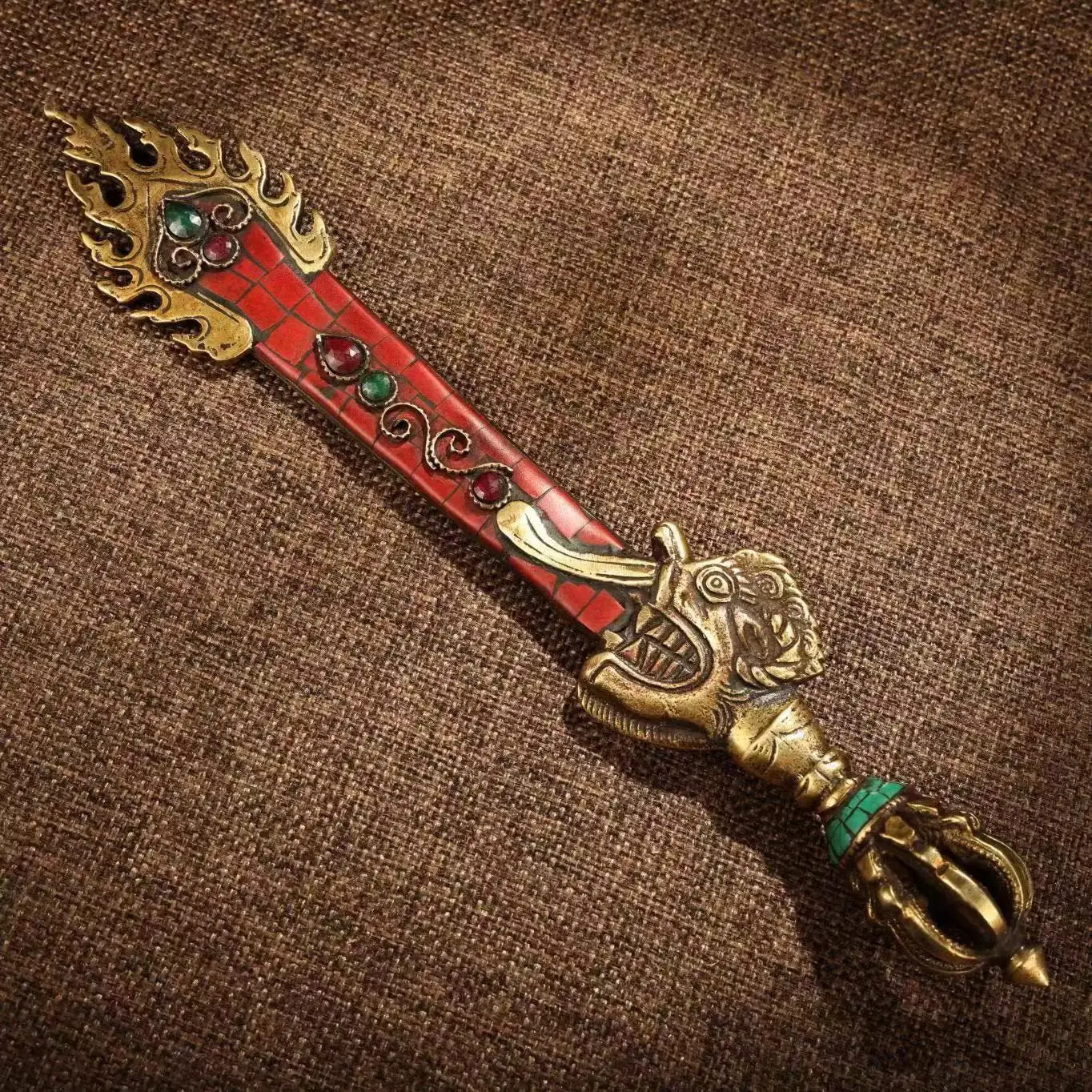 

Old Tibet Copper Inlaid Gemstones Manjusri Sword Buddhist Artifacts Vajra Pestle