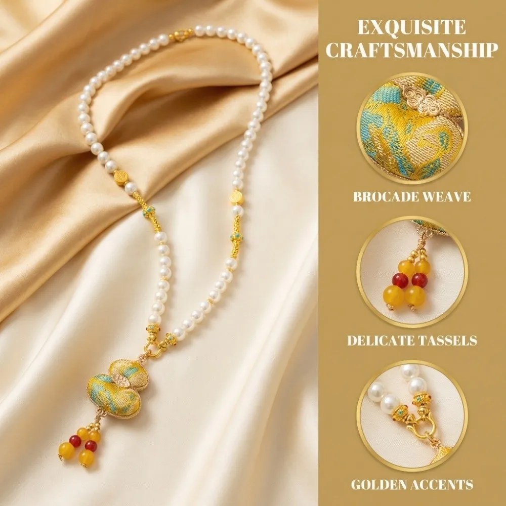 Traditional Brocade Calabash Necklace Ethnic Style Tassels Detail Tassels Necklace Calabash Pendant Embroidered Pendant Necklace