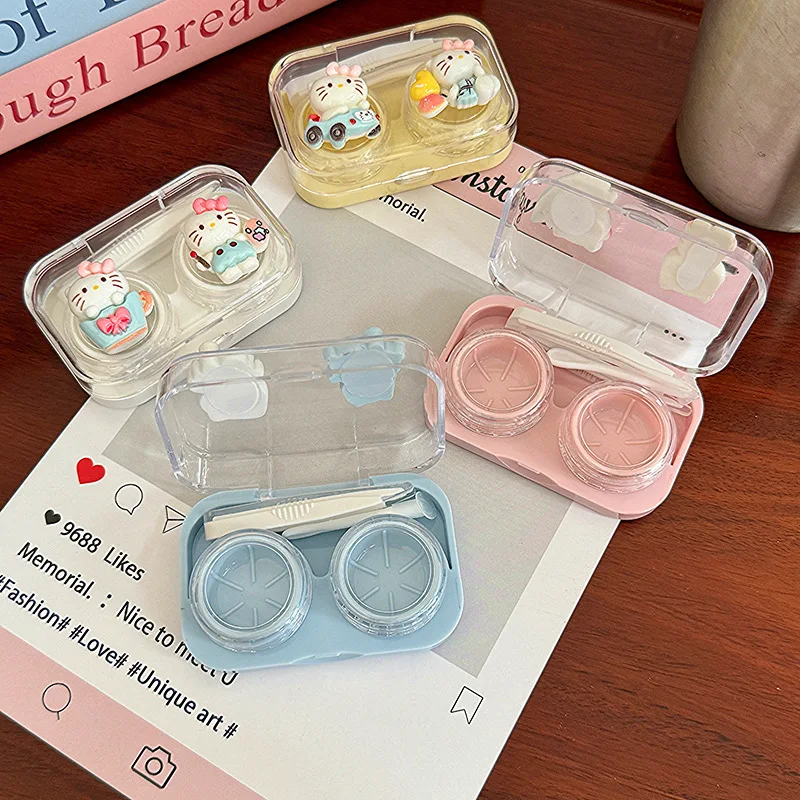 New Sanrio Hello Kitty Contact Lens Case Transparent Red Cartoon Kawaii Portable Nearsighted Contact Lens Case Girl Travel Gifts