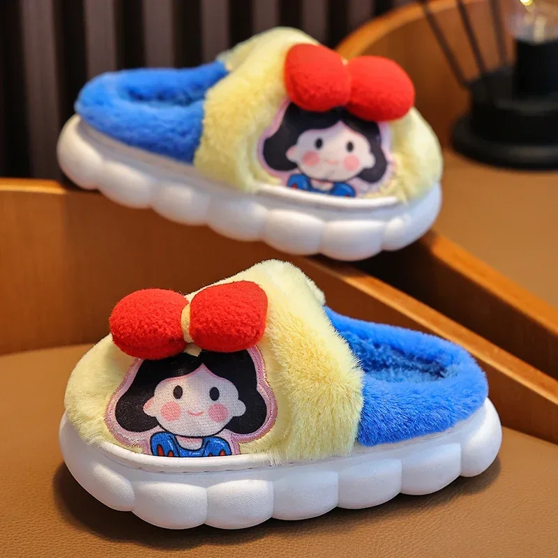 Children Winter Girls Plush Slippers Kids Indoor Mule Soft Sole Non-Slip Warm Flip Flops Cute Cartoon Princess Home Cotton Shoes