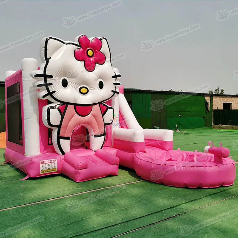 Cartoon Kat Roze Springkussen Kasteel Nieuw Design Combo Jumpers voor Kinderfeest Draagbaar PVC Met Blower Accessoire
