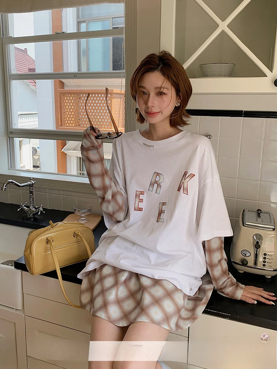 

Футболка Brand Patchwork Long Sleeve DEARSOCUTE Handpied Store, повседневная, для работы, с круглым вырезом, из хлопковой смеси Hanmaeng