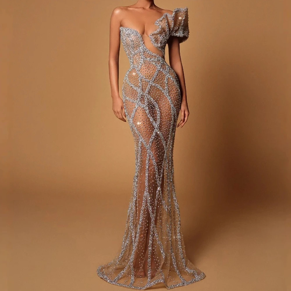 

Bandage heavy-duty three-dimensional flower one-shoulder hip-wrapped slim dress female fishtail sequin evening dress-GZXX777