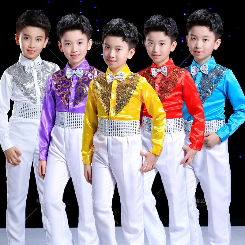 Boys Hip Hop Costume Sequin Shirts White Pants Suit Jazz Costumes Kids Stage Dancing Outfit Children Street Show Wear