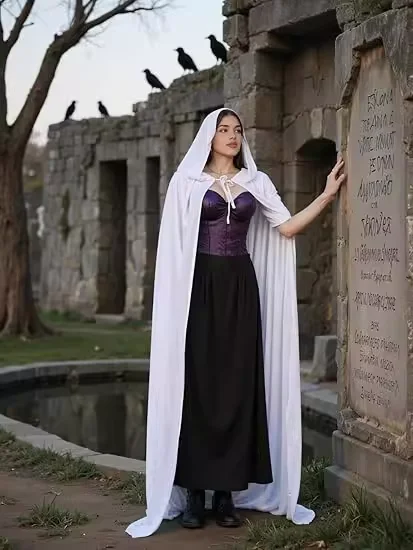 عباءة طويلة مخملية بغطاء للرأس، زي ساحرة للهالوين، زي عرقي، معطف ساحر من العصور الوسطى للعب الأدوار، مع ربطات، متوسط الطول، أ...