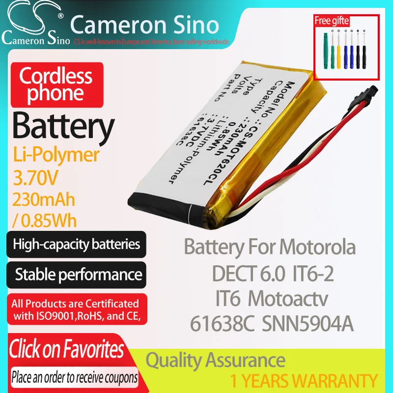 CameronSino Battery for Motorola DECT 6.0 IT6 IT6-2 Motoactv fits Motorola 61638C SNN5904A Cordless phone Battery 230mAh 3.70V