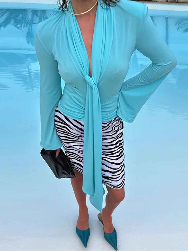 Elegant Pleated Scarf Collar Solid Women Dress Fashion Flare Sleeve Empire Female Dresses 2026 Summer Autumn Beach Lady Robe New view 4