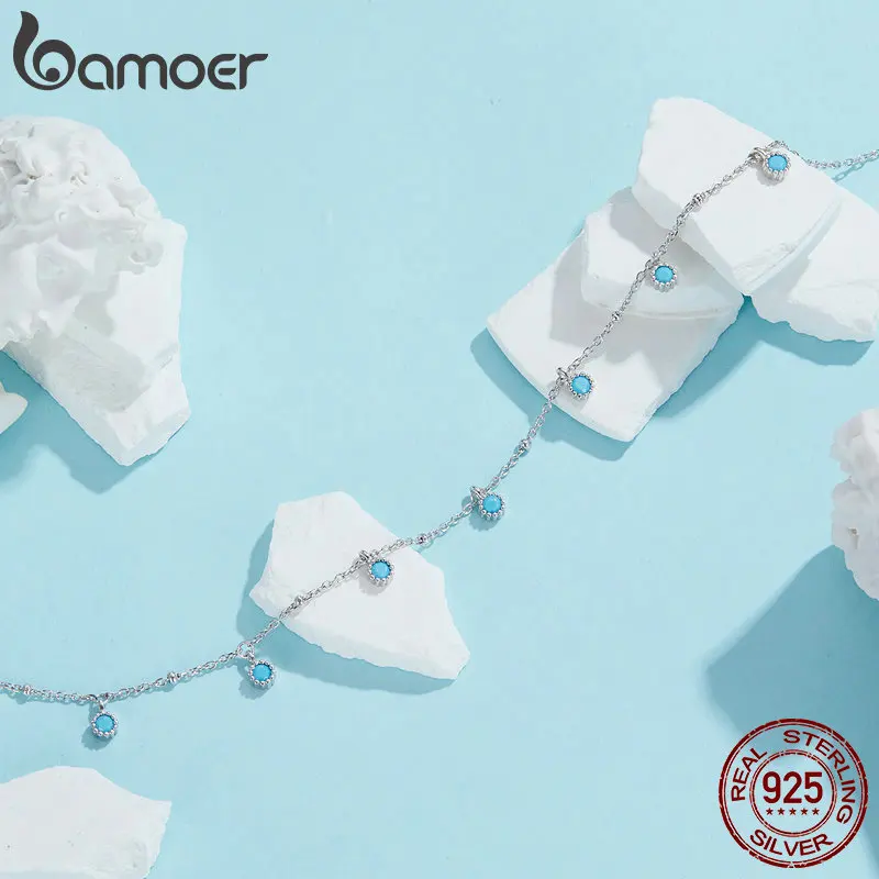 BAMOER 925 Sterling Silver Simple Clavicle Chain Chokers Turquoise Bead Necklace for Women Fine Jewelry Gift BSN388