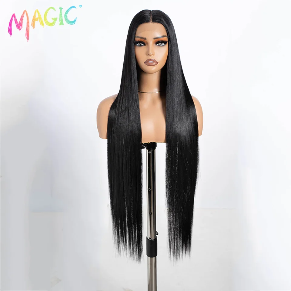 Magic Straight Synthetic Lace Front Wig For Women 38 Inch Long Ombre Brown Red Blonde Hightlight Lace Frontal Wigs Cosplay Wig