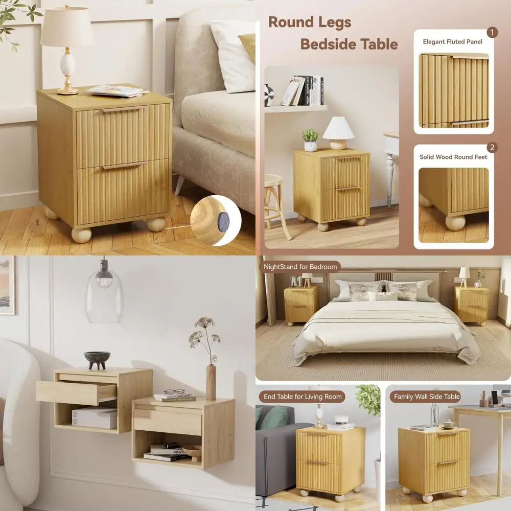 

Spacious Drawer Nightstand in Natural Oak Finish with Fluted Design and Solid Wood Legs for Bedroom Storage